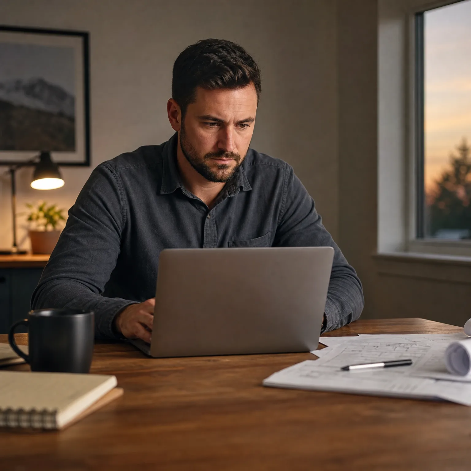 A bearded man in a dark button-up shirt sits at a wooden table using an open laptop, with a mug, spiral notebook, rolled papers with a pen, a desk lamp and a framed landscape print behind him, and a window showing evergreen trees at dusk.
