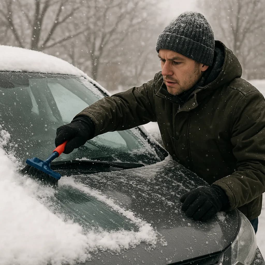 Man in winter clothing clearing snow from car windshield with brush during snowfall
