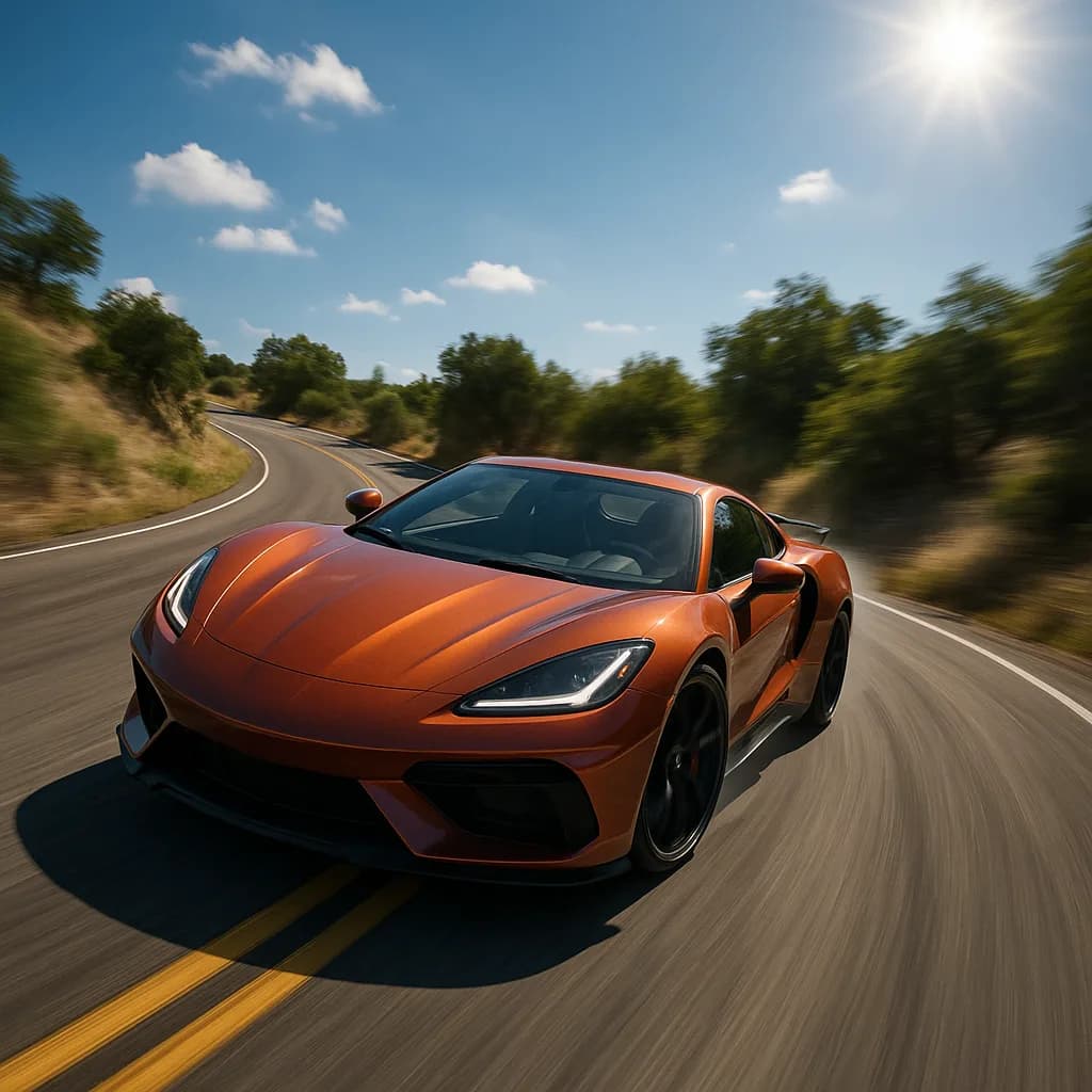 Orange sports car driving at speed on curved country road with motion blur and blue sky