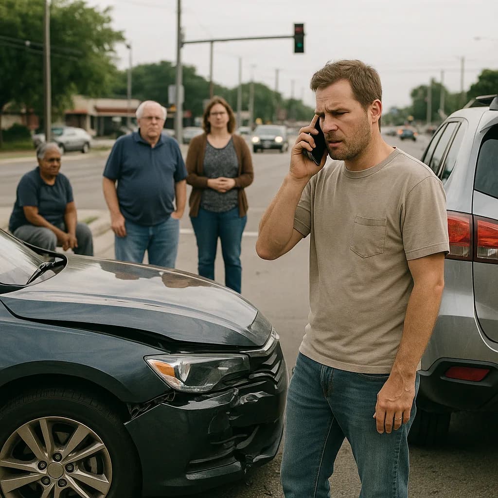 Man on phone at car accident scene with damaged vehicle and bystanders on suburban street