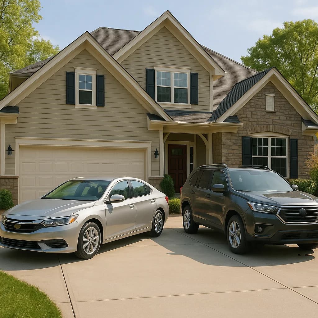 Two-story beige house with stone accents and two cars parked in driveway