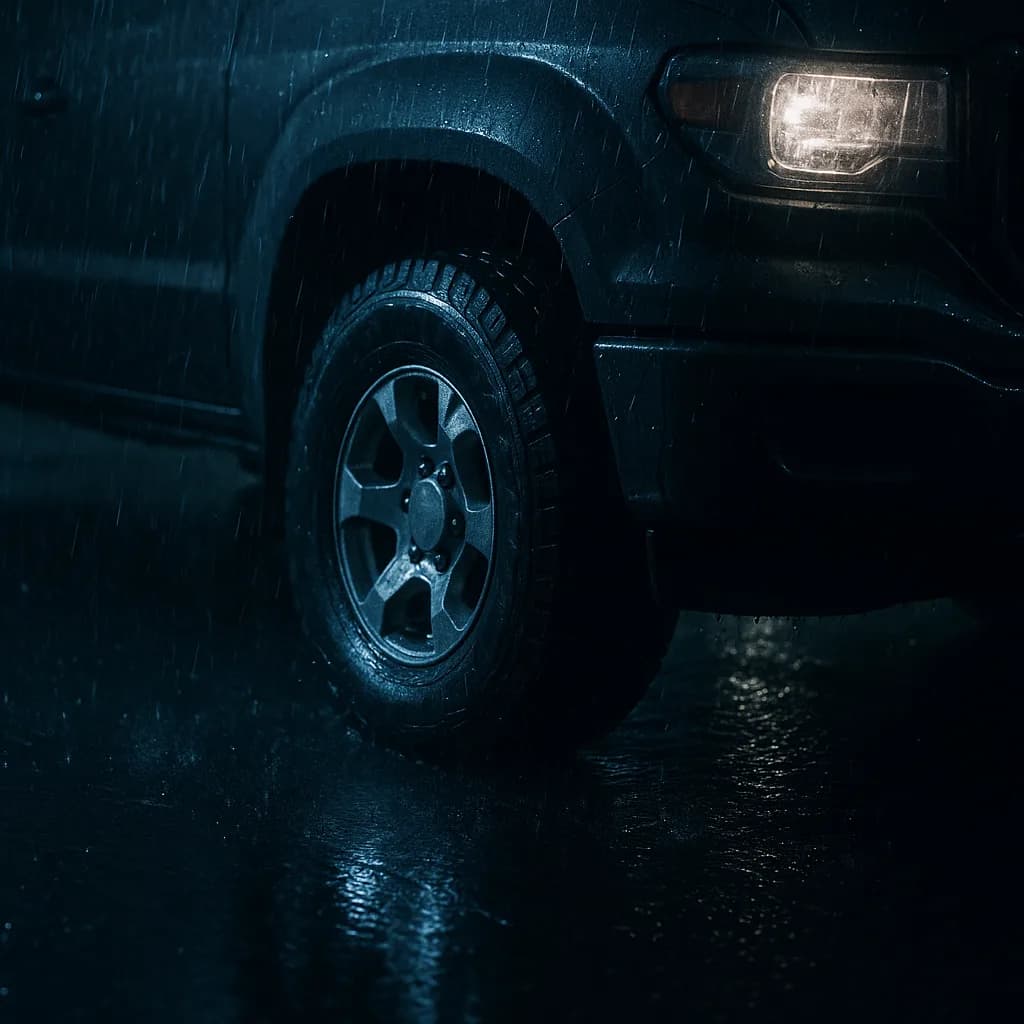Close-up of car wheel and headlight in heavy rain at night with wet pavement reflections