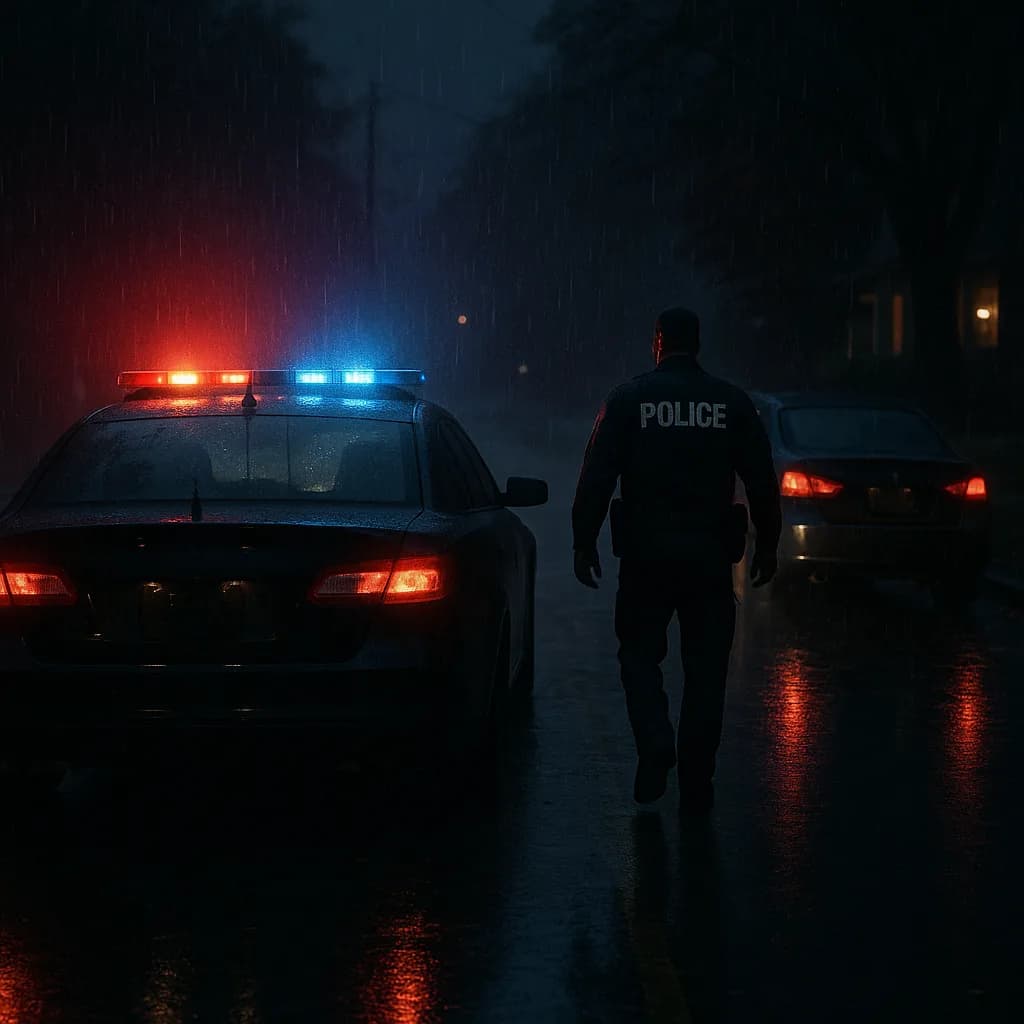 Police officer walking on rainy street at night with patrol car emergency lights illuminated