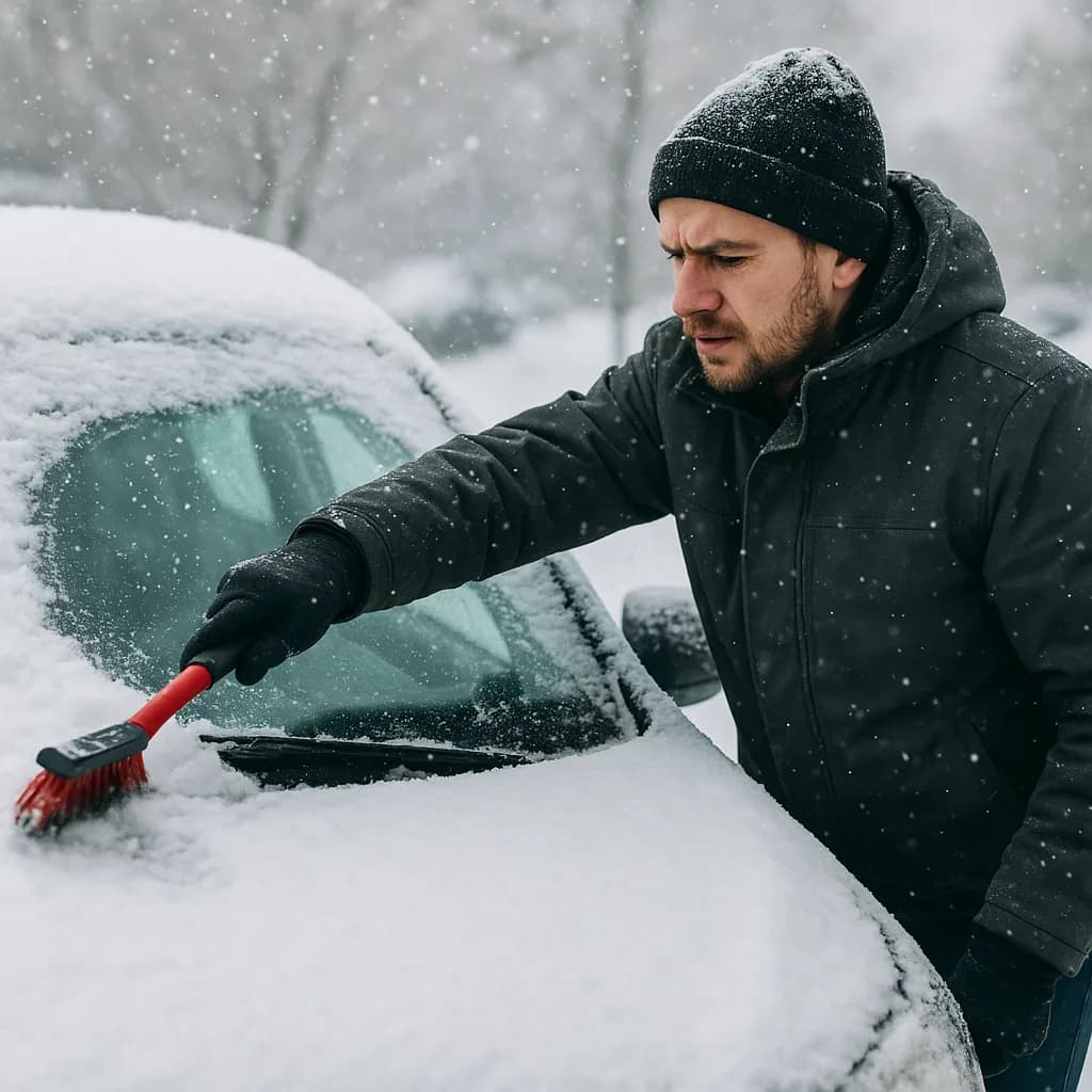 Man wearing black winter jacket brushing snow off car windshield with red snow brush during snowstorm