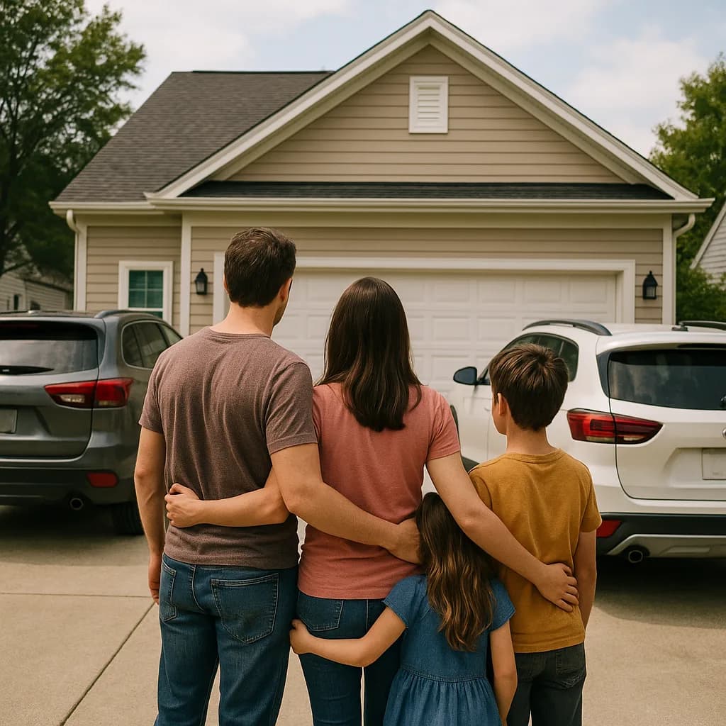 Family of four embracing while looking at their suburban home with garage and cars in driveway