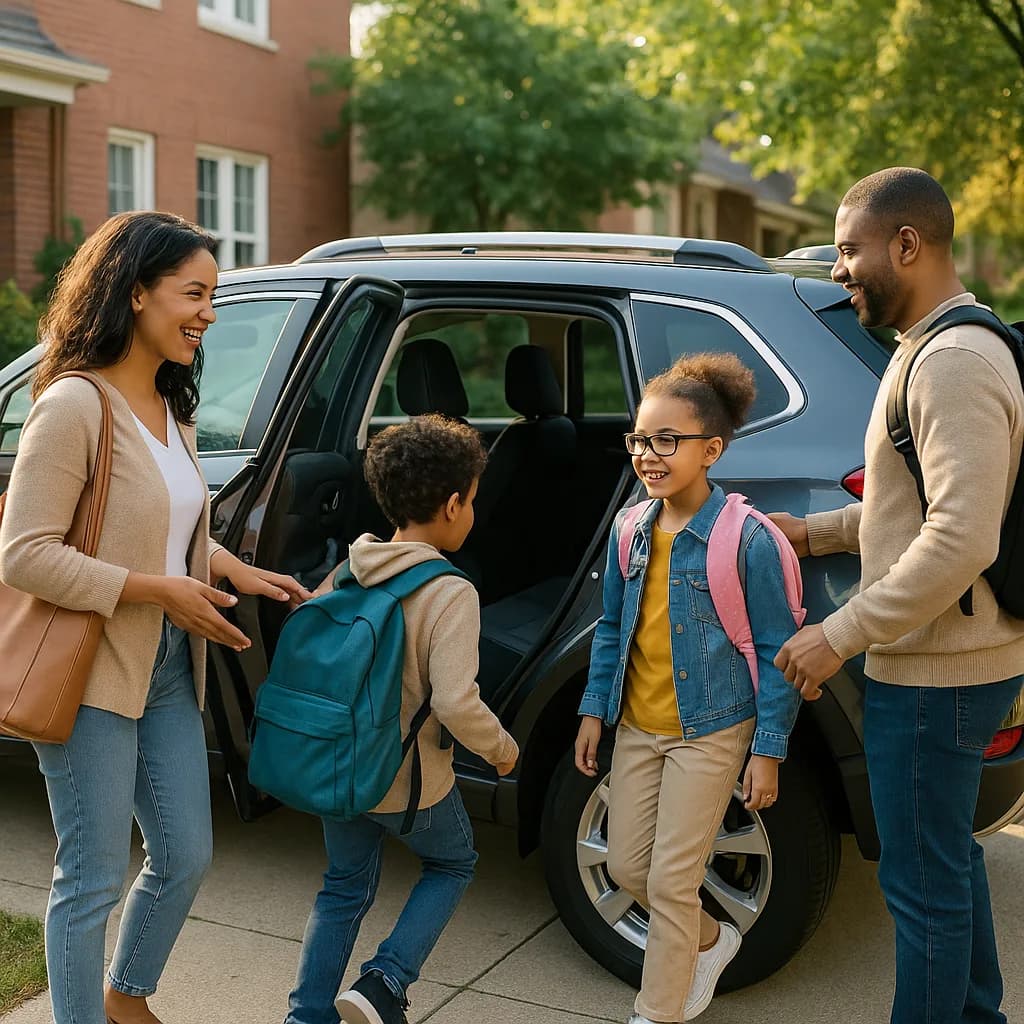 Happy family with two children wearing backpacks standing by car in driveway before school