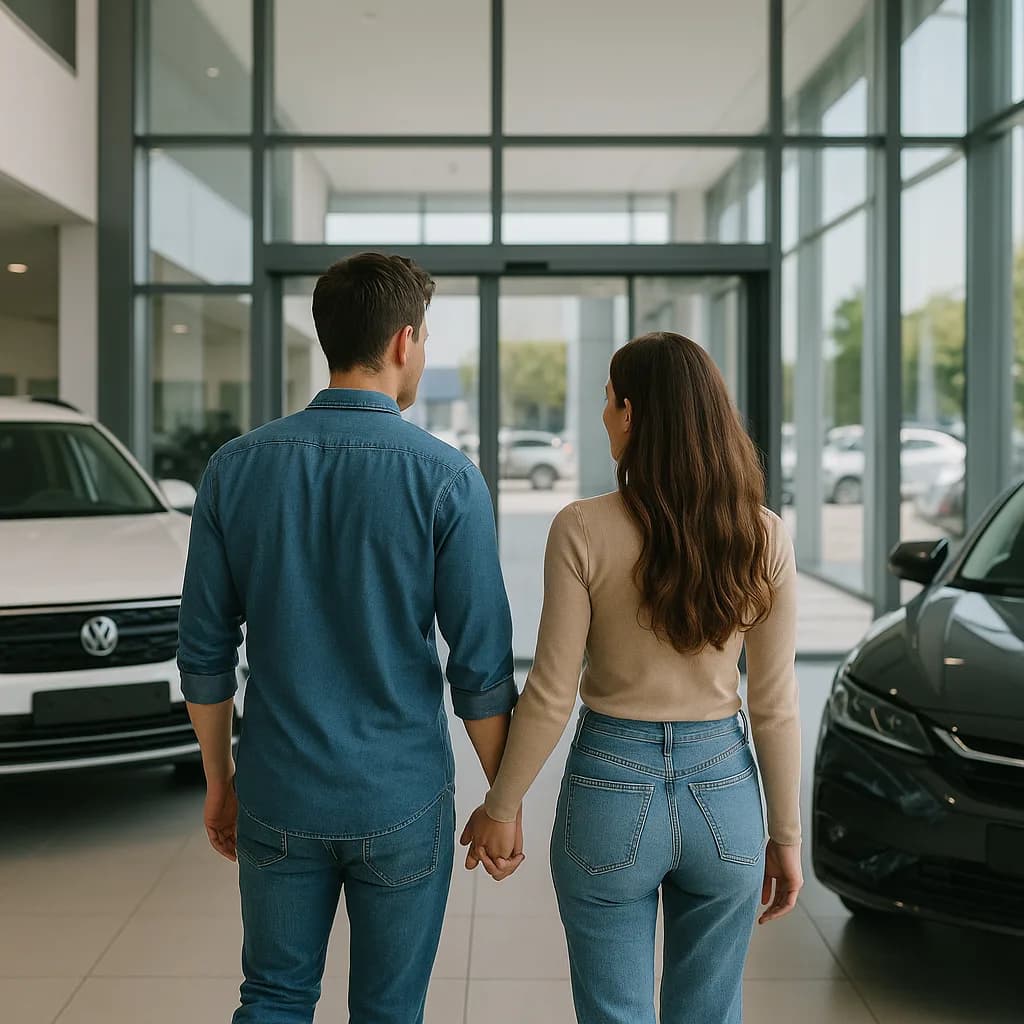 Couple holding hands while viewing cars at Volkswagen dealership showroom