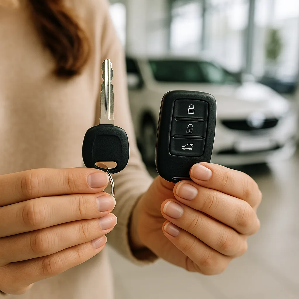 Person holding traditional car key and modern key fob with white car in showroom background